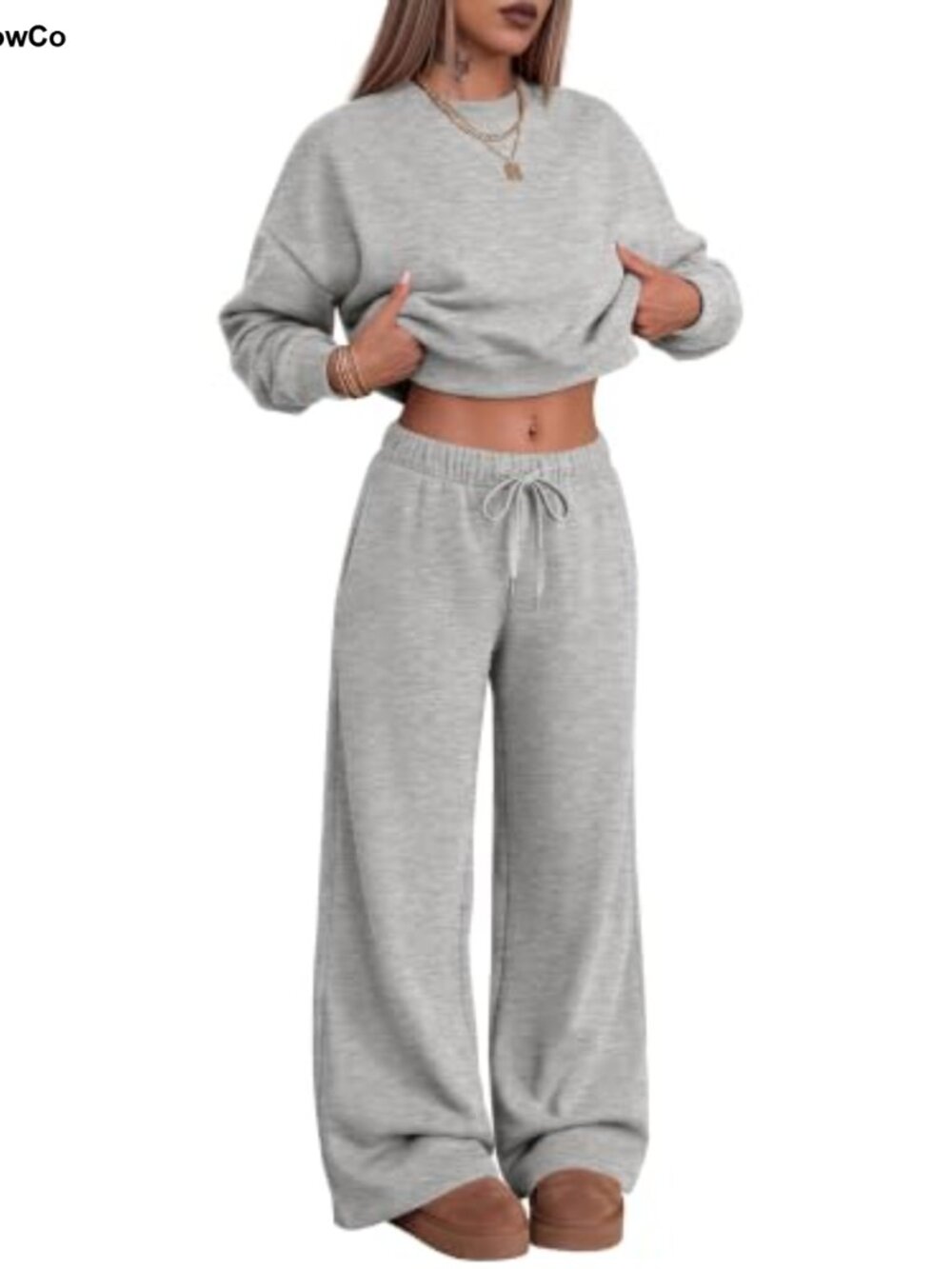 Women's 2 Piece Sweatsuit Set Polyester Oversized Crewneck Top Wide Leg Pants - Picture 1 of 6